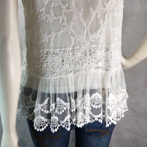 SKIES ARE BLUE WOMENS WHITE LACE & CROCHETED TOP S - Picture 4 of 13